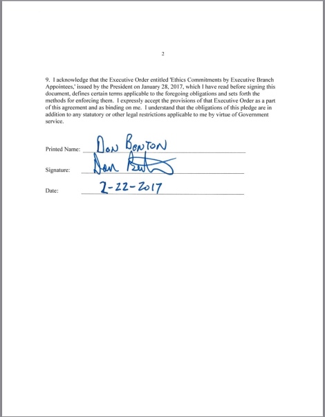 Screenshot photo of a copy of Don Benton’s signed ethics pledge which was released by the EPA as a result of a FOIA request made by the Center for Media and Democracy.