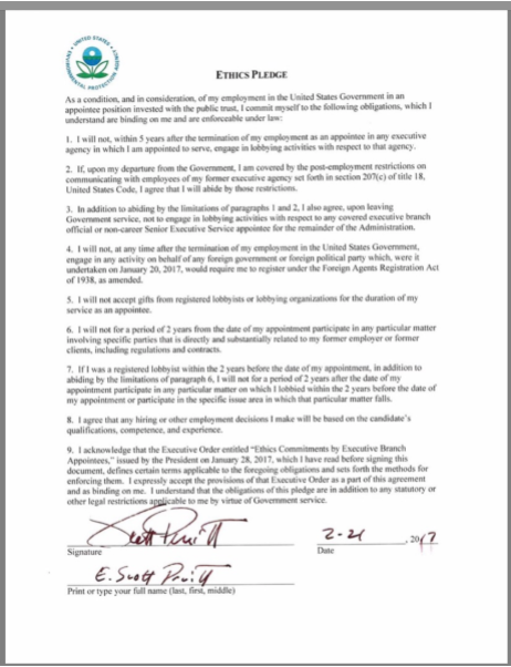 Screenshot photo of a copy of Scott Pruitt’s signed ethics pledge which was released by the EPA as a result of a FOIA request made by the Center for Media and Democracy.